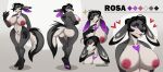  anthro black_body black_fur black_hair breasts butt canid canine claws eyes_closed female fluffy fluffy_tail fox fur gllorvillain grey_body grey_fur hair hi_res hybrid lagomorph leporid mammal model_sheet multicolored_body multicolored_fur nipples open_mouth open_smile purple_eyes rabbit simple_background smile solo tattoo white_body white_fur 
