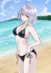  1girl bangs bare_shoulders beach bikini black_bikini blush breasts cleavage collarbone fate/grand_order fate_(series) highres jeanne_d&#039;arc_(alter)_(fate) jeanne_d&#039;arc_(fate)_(all) kohaku_teru large_breasts looking_at_viewer navel shore silver_hair swimsuit thighs yellow_eyes 
