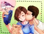  1boy 1girl bird breasts brown_hair cheek_kiss chris_redfield closed_eyes closed_mouth hat jill_valentine kiss nagare resident_evil resident_evil_1 short_hair smile 