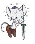  2021 ajira_(swordfox) anthro areola bent_over bethesda_softworks big_ears bottomwear braided_ponytail breasts chibi clothed clothing ear_piercing ear_ring elder_scrolls_online felid female furball_(artist) greatsword green_eyes hi_res khajiit leaning_on_object mammal melee_weapon navel nipples open_mouth panthera pantherine pants piercing pink_areola pink_nipples signature small_breasts solo stripes_(marking) substance_intoxication sword the_elder_scrolls tiger tiger_stripes topless video_games weapon zenimax_online_studios 