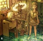  1girl book brown_eyes brown_hair framed_image glowing hair_ornament hairclip highres holding holding_book inukoko jewelry long_hair looking_at_viewer mushroom necklace original plank pleated_skirt refrigerator shoes short_sleeves sink skirt smile soaking_feet solo window 