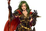  1girl armor armpit_peek artist_name black_armor black_shirt body_markings breasts cape collarbone collared_shirt commission earrings eyebrows_visible_through_hair fang fire_emblem fire_emblem:_path_of_radiance gloves green_hair hands_up holding holding_staff jewelry lipstick long_hair looking_at_viewer makeup medium_breasts naomi_skye pauldrons petrine_(fire_emblem) purple_eyes red_cape shirt shoulder_armor simple_background solo staff thick_eyebrows thick_eyelashes white_background 