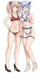  2girls blonde_hair blue_bra blue_hair blue_panties blush bra breasts green_eyes hair_ribbon hand_on_hip hand_on_own_chest high_heels highres holding_hands lingerie looking_at_viewer maou_gakuin_no_futekigousha medium_breasts misha_necron multiple_girls navel panties purple_eyes red_bra red_panties ribbon sarhce short_twintails siblings smile thighs twins twintails underwear white_background 