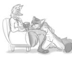  angry annoyed anthro arms_tied beverage bottomless bound breasts canid canine canis clothed clothing collar coyote drinking duo fellatio female fox genitals leash male male/female mammal nicnak044 nude oral penile pussy sahara_(nicnak044) sex sketch suspenders 