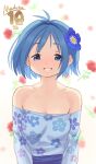  1girl absurdres alternate_costume anniversary aqua_flower armpit_crease arms_at_sides backlighting bare_shoulders blue_dress blue_eyes blue_flower blue_hair breasts clenched_teeth collarbone commentary copyright_name dot_nose dress english_commentary eyebrows_visible_through_hair eyes_visible_through_hair floral_background floral_print flower flower_request gloamy grin hair_flower hair_ornament half-closed_eyes happy highres lips long_sleeves looking_at_viewer mahou_shoujo_madoka_magica medium_breasts miki_sayaka no_bra off-shoulder_dress off_shoulder parted_lips purple_flower red_flower short_hair simple_background smile solo teeth underboob upper_body white_background 