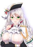  1girl aquila_(azur_lane) ascot azur_lane badge bangs black_gloves blush breasts coat coat_on_shoulders commentary_request covered_nipples crossed_arms detached_sleeves eyebrows_visible_through_hair eyes_visible_through_hair gloves green_eyes hair_between_eyes hat large_breasts long_hair looking_at_viewer open_mouth see-through see-through_shirt sideboob sidelocks simple_background solo tetsuhige wet wet_clothes white_background white_hair 