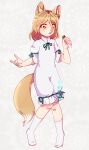  1girl :o absurdres animal_ear_fluff animal_ears arms_up blonde_hair calf_socks dungeon_toaster floral_background fox_ears fox_girl fox_shadow_puppet fox_tail full_body grey_background hair_between_eyes highres holding knees_together_feet_apart kudamaki_tsukasa looking_to_the_side no_shoes onesie ribbon shirt short_hair short_sleeves solo standing tail thigh_ribbon touhou vial white_legwear white_shirt yellow_eyes 