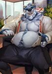  2021 anthro badger beard belly big_belly blue_body blue_eyes blue_fur body_hair bulge clothed clothing facial_hair finger_claw fur grey_body grey_fur hair happy_trail hi_res horn inside male mammal mustelid musteline mystikfox61 navel neck_tuft nipples open_clothing open_shirt open_topwear overweight overweight_male pawpads shirt solo tied_hair topwear tuft 