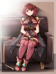  bangs black_gloves breasts chest_jewel earrings fingerless_gloves gloves highres jewelry kurokaze_no_sora large_breasts pyra_(xenoblade) red_eyes red_hair red_legwear red_shorts short_hair short_shorts shorts swept_bangs thighhighs tiara xenoblade_chronicles_(series) xenoblade_chronicles_2 