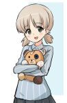  1girl aki_(girls_und_panzer) bangs blue_shirt boko_(girls_und_panzer) commentary cowboy_shot dress_shirt eyebrows_visible_through_hair girls_und_panzer green_eyes grey_skirt hair_tie highres holding holding_stuffed_toy keizoku_school_uniform light_brown_hair long_sleeves looking_at_viewer low_twintails nasunael open_mouth pleated_skirt school_uniform shirt short_hair short_twintails skirt smile solo standing striped striped_shirt stuffed_animal stuffed_toy teddy_bear twintails vertical-striped_shirt vertical_stripes white_shirt wing_collar 
