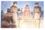  1girl 3boys blue_eyes campfire fur_hat hat horikou kagamihara_nadeshiko military military_hat military_uniform multiple_boys open_mouth peaked_cap pink_hair russian_clothes short_hair smile uniform ushanka very_short_hair yurucamp 