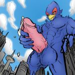  absurd_res anthro avian balls bird bodily_fluids city erection falco_lombardi genital_fluids genitals hi_res looming low-angle_view macro male nintendo penis precum ryeono_kemo solo star_fox video_games 