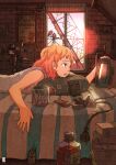  1girl ashtray bed book book_stack bottle cable cigarette_butt controller grey_shirt highres indoors inukoko lamp lying medium_hair on_stomach open_mouth orange_hair original profile red_eyes remote_control shirt sleeveless sleeveless_shirt solo television window 