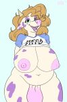  2017 2021 anthro better_version_at_source biped blonde_hair bottomless bovid bovine breasts cattle clothed clothing ears_back english_text female fur green_eyes hair hi_res hirurux horn looking_at_viewer mammal mega_milk meme navel nipples pink_nose pivoted_ears pulled_up_shirt purple_body purple_fur samantha_(hirurux) shirt signature slightly_chubby solo spots spotted_body spotted_fur tail_tuft teats text topwear tuft udders white_body white_fur 