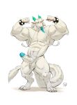  abs anthro balls biceps blue_tongue bracelet dragon erection fur furred_dragon furrybob genitals green_eyes green_horn hi_res horn jewelry male muscular muscular_anthro muscular_male nude one_eye_closed penis sckhar simple_background solo spiked_bracelet spikes standing tongue whiskers white_background white_body white_fur wink 