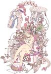  1girl apple bare_legs blonde_hair bone book bow crossed_legs food fruit gougasha_akira high_heels highres leaf long_hair open_book original pink_bow pink_eyes pink_footwear plant plate sign sitting skeleton skull smile solo typewriter wide_shot 