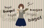  1girl bagel black_eyes blue_skirt brown_hair collared_shirt cropped_legs english_text food food_on_face hand_up holding holding_food looking_at_viewer original satou_odori shirt short_hair short_sleeves skirt solo striped striped_shirt 