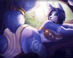  anthro blue_body blue_fur bra breasts butt butt_shot canid canine cave close-up clothed clothing completealienation female fox fur krystal looking_back lying mammal nintendo on_front partially_clothed pinup pose rear_view solo star_fox suggestive tag_panic tagme underwear video_games 