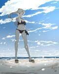  1girl alternate_hairstyle bangs beach bikini black_bikini blonde_hair breasts cleavage closed_mouth cloud day kantai_collection long_hair medium_breasts neve ocean outdoors ponytail richelieu_(kancolle) sand sandals scenery signature sky solo standing swimsuit water yellow_eyes 