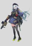  1girl absurdres assault_rifle bag bangs beret black_legwear blue_hair blue_jacket cartridge commentary eyebrows_visible_through_hair girls_frontline gloves green_eyes gun h&amp;k_hk416 hat headphones highres hk416_(girls_frontline) holding holding_weapon jacket long_hair looking_at_viewer red_gloves rifle shoes simple_background solo symbol_commentary thighhighs uniform weapon yitiao_er-hua 