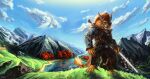  2021 4_toes 5_fingers absurd_res anthro blue_eyes charr day detailed_background digital_media_(artwork) feet felid fingers grass guild_wars hi_res holding_object holding_sword holding_weapon horn male mammal melee_weapon outside plant sky solo standing sword toes vateo video_games weapon 