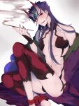  1boy blue_hair cosplay cu_chulainn_(fate)_(all) cu_chulainn_alter_(fate/grand_order) earrings fate/grand_order fate_(series) fusion horns japanese_clothes jewelry kimono kiseru long_hair looking_at_viewer male_focus namahamu_(hmhm_81) off_shoulder oni_horns open_clothes open_kimono pipe purple_kimono red_eyes revealing_clothes short_hair shuten_douji_(fate) shuten_douji_(fate)_(cosplay) solo thighhighs 