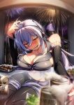  1girl ahoge alcohol beer beer_can blush breasts can cleavage cluseller drunk full-face_blush headphones highres large_breasts long_hair looking_at_viewer midriff navel open_mouth ponytail red_eyes shiny shiny_hair shiny_skin silver_hair sitting smile solo sweat table vocaloid voyakiloid yowane_haku 