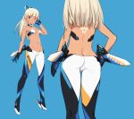  1girl alice_gear_aegis araime_yasuri ass back_tattoo bangs blue_background blunt_bangs breasts butt_crack closed_mouth commentary dark_skin dark_skinned_female gloves grey_eyes hand_on_hip high_heels long_hair mecha_musume multiple_views pants shimada_fumikane simple_background small_breasts tattoo 