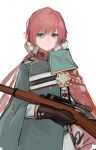  1girl absurdres bangs black_gloves blue_coat carcano_m1891_(girls_frontline) closed_mouth coat collared_coat girls_frontline gloves green_eyes gun hair_between_eyes hair_ornament highres holding holding_gun holding_weapon long_hair looking_at_viewer pink_hair rampart1028 rifle scope simple_background smile sniper_rifle solo weapon white_background 