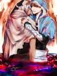  2boys archer_(fate) blue_hair capelet cloak cu_chulainn_(caster)_(fate) cu_chulainn_(fate)_(all) dark_skin dark_skinned_male earrings elbow_gloves fate/grand_order fate/stay_night fate_(series) fingerless_gloves fur-trimmed_hood fur_trim gloves hood hood_up hooded_capelet hug jewelry long_hair male_focus multiple_boys namahamu_(hmhm_81) partially_submerged red_eyes scarf white_hair 