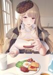  1girl blonde_hair breasts cup drinking_glass food fork fried_egg highres holding holding_fork holding_knife indoors iowa_(warship_girls_r) jewelry knife large_breasts long_hair plate red_eyes ring sausage sidelocks solo toast upper_body warship_girls_r wedding_band zhixiang_zhi 