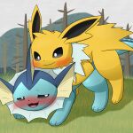  1:1 ambiguous_gender ambiguous_penetrated anthro blue_body blush duo eeveelution feral feral_on_feral feral_penetrated feral_penetrating feral_penetrating_feral forest fur half-closed_eyes hi_res jolteon male male/ambiguous male_on_top male_penetrating male_penetrating_ambiguous narrowed_eyes nintendo on_top open_mouth penetration plant pok&eacute;mon pok&eacute;mon_(species) sex tokumei_tm tree vaporeon video_games white_body white_fur yellow_body yellow_fur 