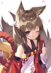  1girl ;) ;q amagi-chan_(azur_lane) animal_ears azur_lane bangs blunt_bangs brown_hair collarbone commentary_request eyebrows_visible_through_hair fox_ears fox_girl fox_tail from_above hair_ribbon highres index_finger_raised kyuubi long_hair looking_at_viewer looking_up manjuu_(azur_lane) multiple_tails off-shoulder_kimono off_shoulder one_eye_closed petals purple_eyes ribbon rope sakutaishi shimenawa sidelocks signature simple_background smile solo tail thick_eyebrows tongue tongue_out twintails wide_sleeves 