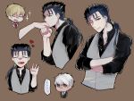  ^_^ archer_(fate) blonde_hair blue_hair brown-eyes casual character_sheet chibi closed_eyes cu_chulainn_(fate)_(all) cu_chulainn_(fate/stay_night) dark_skin dark_skinned_male earrings fang fate/hollow_ataraxia fate/stay_night fate_(series) formal gilgamesh_(fate) hand_kiss jewelry kiss male_focus one_eye_closed ponytail red_eyes sparkle suit vest waistcoat waving white_hair 