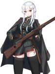  1girl absurdres assault_rifle black_choker black_coat black_gloves black_jacket black_legwear black_skirt bolt_action braid breasts choker cigarette_pack coat coat_on_shoulders cross cross_choker eyebrows_visible_through_hair feet_out_of_frame girls_frontline gloves gun highres holding holding_weapon holster jacket kar98az_(girls_frontline)_(rynn_cube) kar98k_(girls_frontline) long_hair looking_at_viewer mauser_98 medium_breasts military military_uniform mole mole_under_eye open_clothes open_coat original red_eyes rifle rynn_(rynn_cube) silver_hair skirt solo standing thighhighs uniform weapon white_background white_hair 