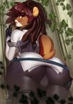  2021 5_fingers anthro big_butt breasts brown_hair butt butt_focus clothing digital_media_(artwork) eyebrows eyelashes fingers hair hi_res looking_at_viewer nitricacid raised_tail rear_view solo tight_clothing 