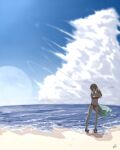  1girl arm_behind_back bangs beach bikini breasts cleavage cloud day full_moon headdress kantai_collection large_breasts light_brown_hair littorio_(kancolle) long_hair moon neve ocean outdoors red_bikini sand scenery signature sky solo standing swimsuit waving 