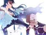  2boys archer_(fate) armor blue_hair capelet corruption cu_chulainn_(caster)_(fate) cu_chulainn_(fate)_(all) dark_skin dark_skinned_male earrings elbow_gloves fate/grand_order fate/stay_night fate_(series) fingerless_gloves fur-trimmed_capelet fur_trim gloves hair_down hand_kiss jewelry kiss long_hair male_focus multiple_boys namahamu_(hmhm_81) pauldrons red_eyes shoulder_armor white_hair 