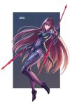  1girl 2dswirl armor backlighting bodysuit fate/grand_order fate_(series) full_body gae_bolg_(fate) highres long_hair pauldrons polearm purple_hair red_eyes scathach_(fate) scathach_(fate)_(all) shoulder_armor skin_tight spear weapon 