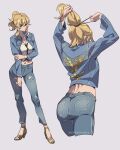  1girl alternate_costume arms_up artist_name ass back blonde_hair blue_eyes blue_jacket blue_pants breasts cleavage closed_mouth collarbone commentary contemporary contrapposto denim denim_jacket english_commentary eyebrows_visible_through_hair from_behind full_body genshin_impact gold_footwear grey_background hair_between_eyes hair_tie high_heels highres jacket jean_gunnhildr jeans long_sleeves looking_at_viewer medium_breasts medium_hair midriff mikkusushi multiple_views navel object_namesake open_clothes open_jacket pants ponytail sandals shirt sidelocks simple_background smile standing tareme torn_clothes torn_jeans torn_pants tying_hair white_shirt 