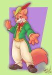  2016 4_fingers anthro bottomwear bow_tie canid canine classy clothed clothing fingers footwear fox fully_clothed fur green_background hat headgear headwear hi_res jacket looking_at_viewer male mammal orange_body orange_fur pants purple_background roarey_raccoon robin_hood shirt shoes signature simple_background smiling_at_viewer solo topwear 