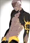  1boy bare_pectorals cornrows dark_skin dark_skinned_male emiya_alter fate/grand_order fate_(series) groin kintsugi male_focus namahamu_(hmhm_81) navel pectorals short_hair shrug_(clothing) white_hair yellow_eyes 