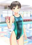  1girl absurdres aqua_swimsuit black_hair breasts brown_eyes chair clothes_writing competition_swimsuit cowboy_shot grin highres indoors looking_at_viewer lounge_chair one-piece_swimsuit original pool short_hair small_breasts smile solo swimsuit takafumi tomboy v water window 