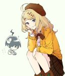  1girl ? ahoge akamatsu_kaede animal bangs black_hair blonde_hair blush bow brown_eyes brown_headwear brown_skirt cardigan cherry_hair_ornament chibi danganronpa_(series) danganronpa_v3:_killing_harmony dress_shirt feet_out_of_frame food_themed_hair_ornament grin hair_ornament hat holding holding_animal jing-geul long_hair long_sleeves looking_at_viewer looking_down orange_cardigan pale_skin plaid plaid_skirt purple_eyes red_bow saihara_shuuichi shirt shoes short_hair simple_background sitting skirt smile snail squatting symbol_commentary teeth white_background white_shirt 