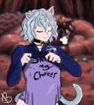  1girl animal_ears arthropod_girl bell biskart breasts cat_ears cat_tail closed_eyes cum highres hunter_x_hunter neck_bell neferpitou self_upload snap_my_choker_(phrase) solo tail tongue tongue_out 