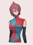  1girl alternate_hair_length alternate_hairstyle android_21 blue_eyes breasts checkered checkered_dress dragon_ball dragon_ball_fighterz dress earrings glasses grey_background hair_between_eyes jewelry kemachiku large_breasts looking_at_viewer red_hair short_hair simple_background solo turtleneck 