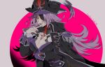  1girl breasts cleavage colored_skin dahut_(fate) epaulettes eyepatch fate/grand_order fate_(series) francis_drake_(fate) grey_skin hat jacket large_breasts light_purple_hair long_hair namahamu_(hmhm_81) pirate_hat purple_hair solo zombie 