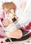  1girl areolae ass azur_lane back bangs bare_shoulders black_legwear black_panties blonde_hair blue_eyes breasts closed_mouth commentary_request detached_sleeves eyebrows_visible_through_hair flower from_behind glorious_(azur_lane) glorious_(pungent_plum)_(azur_lane) hair_ornament highleg highleg_panties highres kanzashi large_breasts looking_at_viewer narrowed_eyes nipples no_shoes panties petals rose rose_petals sidelocks soles solo thighhighs thong topless underwear youxuemingdie 