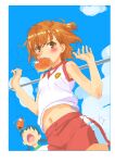  2girls blue_sky bread bread_eating_race brown_eyes brown_hair cloud commentary_request cowboy_shot eating food gym_uniform highres looking_at_viewer misaka_mikoto mouth_hold multiple_girls red_shorts shirt short_hair shorts sky sleeveless sleeveless_shirt solo_focus tanaka_yuuichi toaru_kagaku_no_railgun toaru_majutsu_no_index white_shirt 