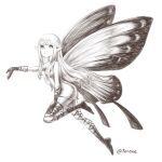  1girl aerie_(bravely_default) bare_shoulders bravely_default:_flying_fairy bravely_default_(series) butterfly_wings dress fairy from_side full_body gloves hand_on_own_thigh highres huiyuan knee_up long_hair monochrome outstretched_arm pointy_ears short_dress sketch smile solo strapless strapless_dress thigh_strap thighhighs wings 
